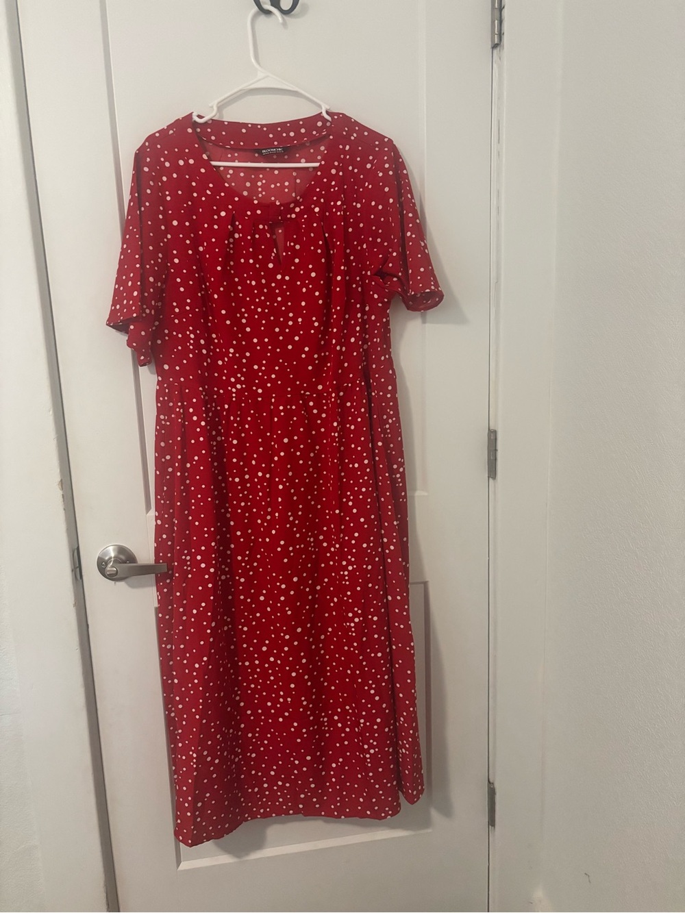 BloomChic Red Polka Dot Midi Dress with Tie Neck